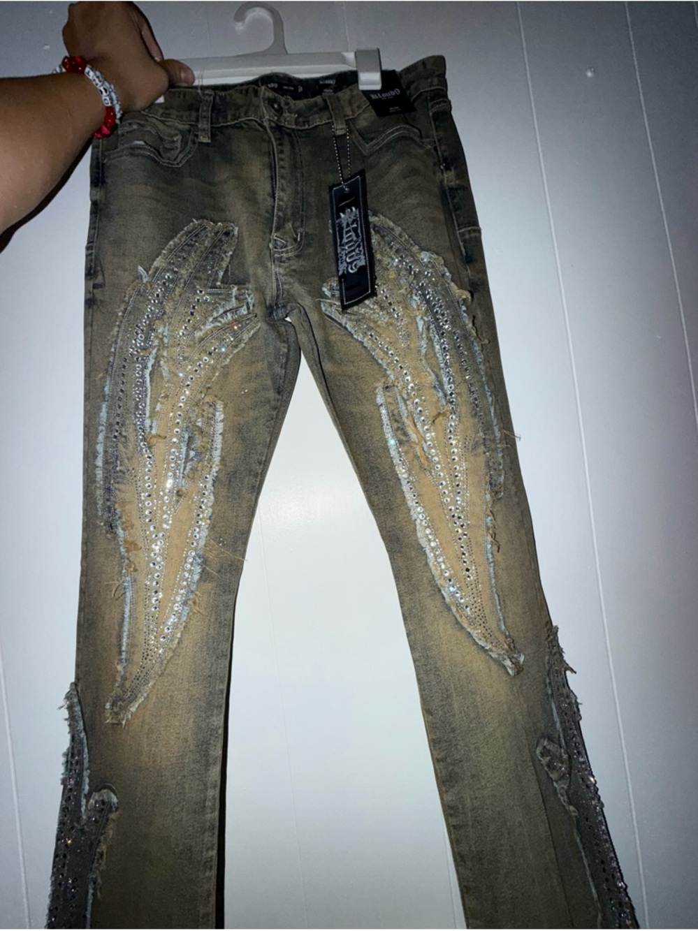 Men Embellished DistressedJeans - Olive Brown with Silver Accents - Picture 3 of 6